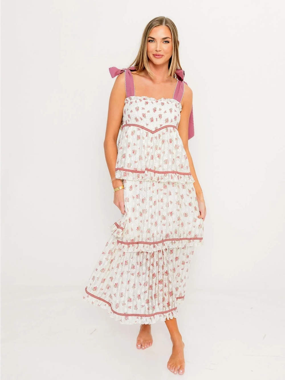 Magnolia Floral Tie-Shoulder Midi Dress in Cream and Mauve